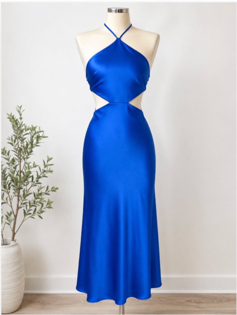 ASOS DESIGN Bias Cut Satin Midi Dress Halter Neck Wrap Tie Detail Sz 4 Blue NWOT